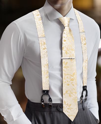 Image of Barry.Wang Men Suspender Set with Necktie Elastic Y Type Heavy Duty 6 Clips Braces Tie Handkerchief Cufflink Pin 6PCS