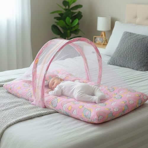 Image of BabyPro Mattress for Newborns, Mosquito Net with Zipper, Foldable, Lightweight & Portable for Travel, Up to 12 Months (Multicolour, 1 Unit, 75 x 48 x 34 cm)
