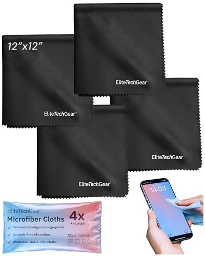 Elite Tech Gear Microfiber Cleaning Cloth for Glasses- 4-Pack, 12" x 12"- Durable Oversized Glasses Cleaning Cloth- Eyeglass Cle