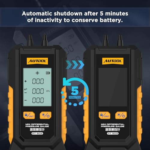 AUTOOL Digitales Manometer, PT503 Druckmessgeräte Mini Differential Pressure Gauge, -1,01 a 2 Bar, Differenzdruckmesser mit zwei Anschlüssen, 6 Einheiten, Hintergrundbeleuchtetem LCD-Display