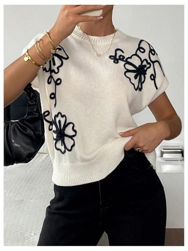 Milumia Women's Floral Pattern Short Sleeve Sweaters Crewneck Knitted Tops Loose Fit Pullovers2