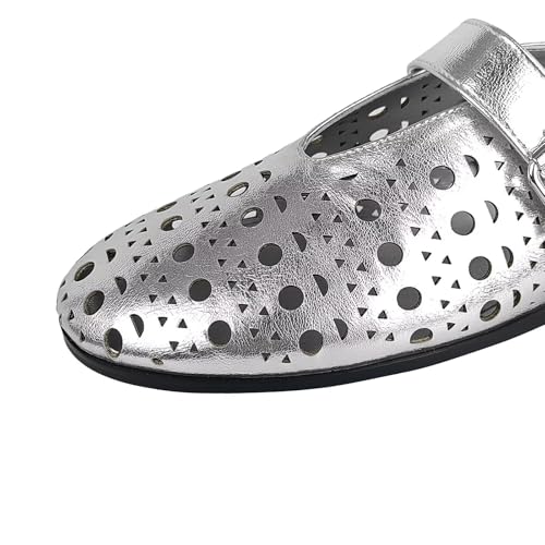 Agodor Ballerina Flats for Women,Hollow Out Round Toe Mary Jane Flats Buckle Strap Low Heel Ballet Flats Shoes for Women,Casual Comfy Daily Dress Shoes Silver US93