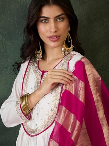 Image of Naixa Women's Chanderi Embroidered Flared Kurta with Pant and Dupatta Sets (NX-762)