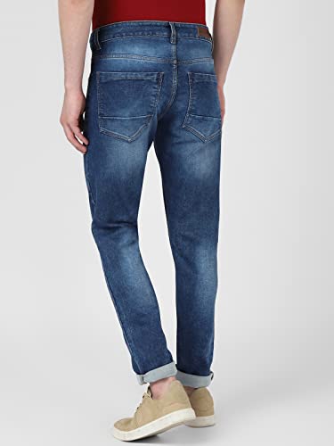 Image of UrbanMark Men Slim Fit Medium Blue Mild Wash Mid Rise Stretchable Jeans