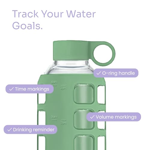 purifyou 40oz / 32oz / 22oz / 12oz Borosilicate Glass Water Bottle with Time & Volume Markers, Silicone Sleeve, Stainless Steel Lid | Reusable Glass Bottle for Water & Juice (32oz Shale Green)
