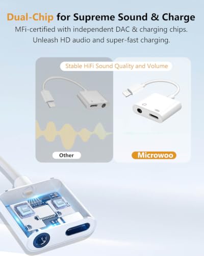 Image of Lightning to 3.5mm Headphone Jack Adapter, Apple MFi Certified 2-in-1 Charger & Audio Dongle for iPhone 14 /13 /12 /11 /XS /XR, Charge & Listen,DAC Chip,Hi-Fi Sound,for Car Aux, Home, Travel (5, White)