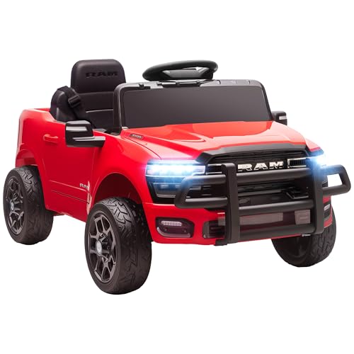 Qaba 12V Kids Ride on Car, Licensed Dodge RAM 3500 Electric Car for Kids with Dual Motors, Parent Remote Control, Rear Suspension, Power Display, Bluetooth Music and LED Lights, Red