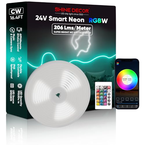 Shine Decor 24V Smart Neon Rope Lights, RGBW Silicone Neon Light Remote APP WiFi Control Music Sync, RGB+Cool White Changing Dimmable LED Neon Strip 16.4 Ft Flexible Waterproof for Indoor Outdoor