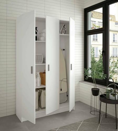 Dmora Armadio portascope 3 ante-bianco-180 x 108,8 x 37, Bianco, 3 Ante