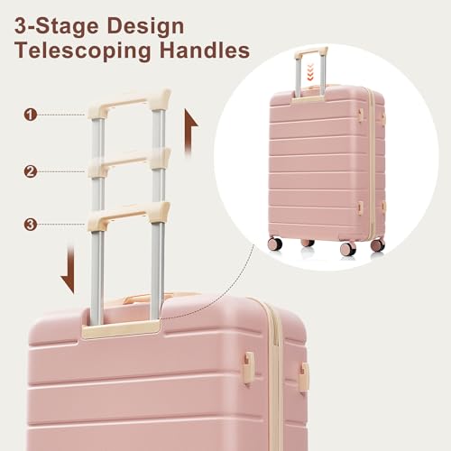 3-Piece ABS Luggage Set with TSA Locks - 20" 24" 28" Spinner Wheel Suitcase Ensemble, 360° Spinner Wheels & Telescoping Handle, Lightweight Checked & Carry-On Luggage for Travel (Pink)3
