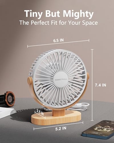 SWEETFULL Small USB Desk Fan 6.5 Inch, 3 Speeds Portable Personal Desktop Table Fan, Dual 360° Adjustment Mini Fan, Quiet Operation, for Home Office Car Outdoor Travel (White wood grain) — view 3