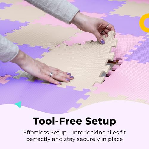 Image of MioTetto Soft Non-Toxic Foam Baby Play Mat | Colourful Puzzle Play Mat | Floor Mats with 36 Squares for Kids and Babies | EVA Foam Interlocking Tiles, Pink Purple Beige, 36