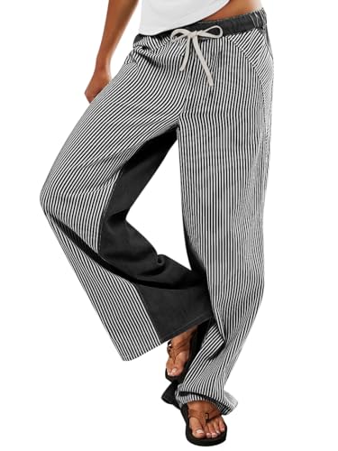 Image of PEIHOT Low Rise Striped Pants for Women Pull On Drawstring Boho Wide Leg Jeans Trendy 2026