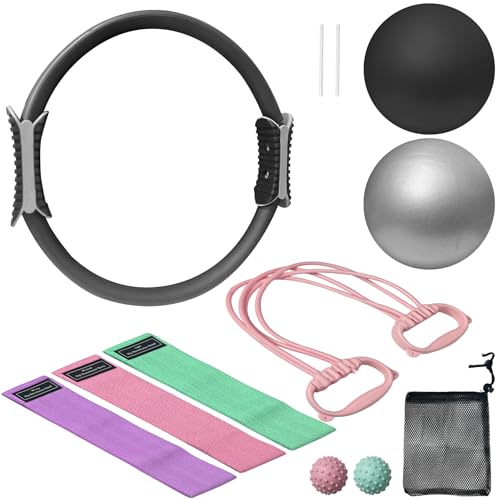 NEBORASTEP Home Pilates Kit, 15-Inch Pilates Ring with 2 Pilates Ball,2 massageballs,3 Resistance Bands for Toning Arms, Thighs/Legs & Core,1 Detachable Tension Strap