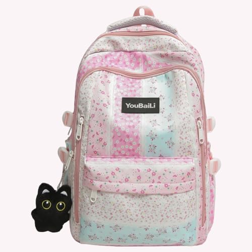 Floral Printed Kawaii Backpack with Pendant Bookbag for Teenagers (Pink)3