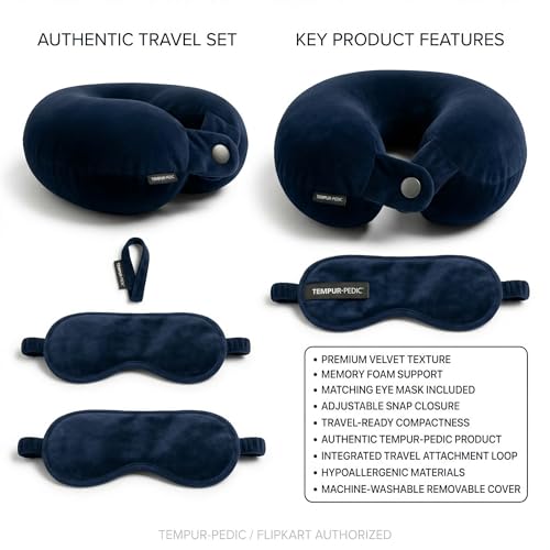 Image of Dark Blue Travel Neck Pillow with Button Closure & Eye Mask | Soft Fiber Filled U-Shape Head & Neck Support Cushion for Airplane, Car & Office Use | Button Closure (Dark Blue)