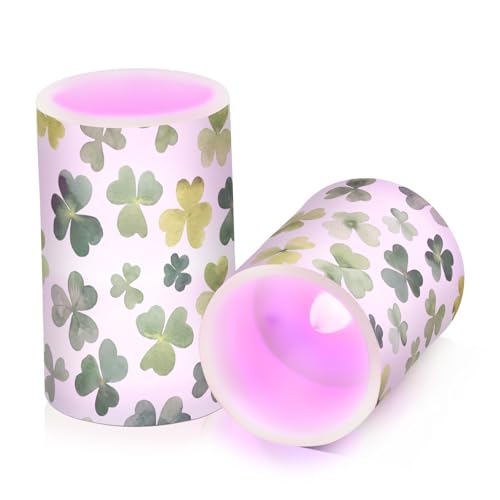 Image of St. Patrick's Day Lights Flameless Candles Patrick's Day Green Shamrock Leaves Pillar Candles Set of 2 Battery Operated Remote Control Warm Lights Home Decor