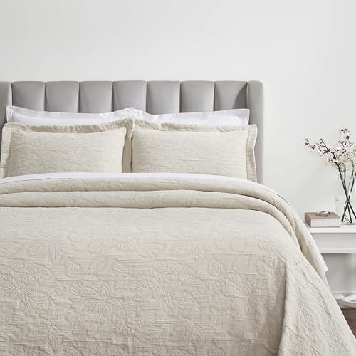 Superior 3 Piece Cotton Bedspread Set, Home Decor, Decorative Bed Spread, 2 Pillow Shams, Medium Weight Blanket, Matelasse Coverlet, Bedding Essentials, Hibiscus Collection, California King, Beige