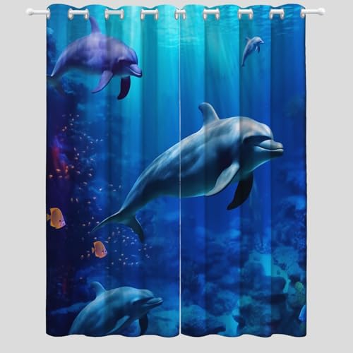 Cortinas Opacas Lindas Cortinas Mundo Submarino con Delfines Largas con Ojales 140An x 175Al cm (2 Paneles) para Ventana Comedor Salones Dormitorio Azul