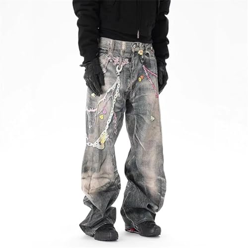 Men's High Street Jeans, 3D Chain Printing Contrast Color, Casual Straight Leg Wide Leg Denim3