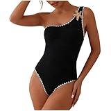 QUNPIU Women's One Piece Swimsuit One Shoulder Starfish Textured High Cut Bathing Suit for Beach Vacation Black