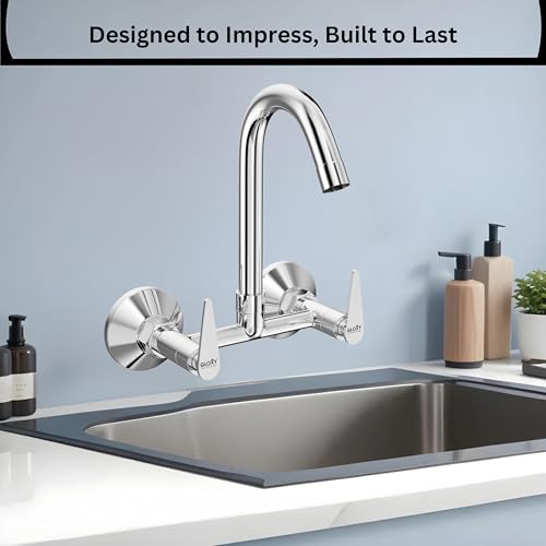 Image of Gloxy Premium Brass 2 in 1 Wall Mounted Sink Mixer with 360 Swivel Spout - Nano Lever Kitchen Sink Mixer with Chrome Finish - Hot & Cold Water Mixer for Bathroom & Kitchen Sink - 10 Years Warranty
