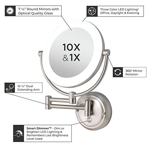 Zadro 12" Round Dimmable Led Makeup Mirror With Lights And Magnification 10X/1X Countertop/Wall Mounted Makeup Mirror #TOP1