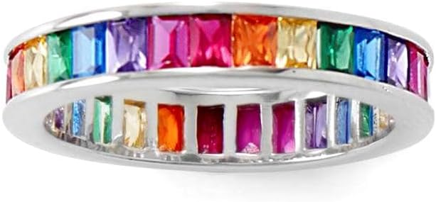 JewelryWeb 925 Sterling Silver Rhodium Plated Rainbow CZ Ring CZ Eternity in 3mm X 2mm Baguette CZs 4mm Band Size Eternity Ring for Women and Men