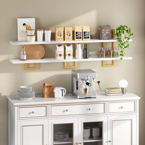 Image of HOOBRO Floating Shelves, 15 Inch Wall Shelf Set of 3, Wall Mounted Storage Shelves 2-Tier, Hanging Bathroom Shelves, for Living Room, Bedroom, Bathroom, Kitchen, White and Gold DW32BJP301