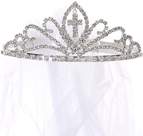 Dangling Cross Rhinestone Ribbon Tiara Princess Communion Flower Girl Veil4