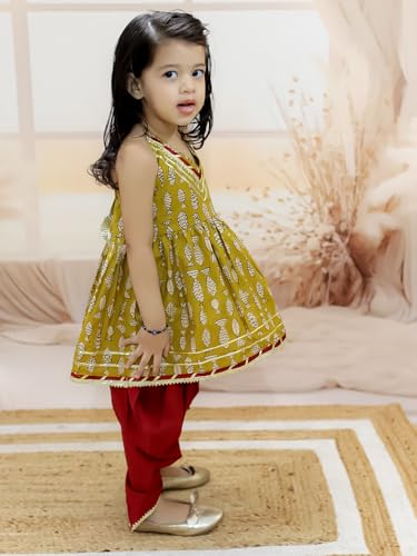 Image of BownBee Halter Neck Pure Cotton Fish Print Kurti with Harem for Girls- (Set of 1) Solid /Printed colorful full length fully stitched regular fit Ethnic wear dress for Kids