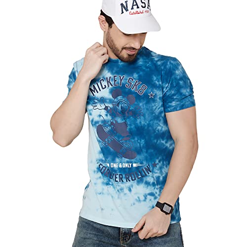 Image of Free Authority Mickey & Friends Printed Regular Fit Blue Cotton Men's T-Shirt