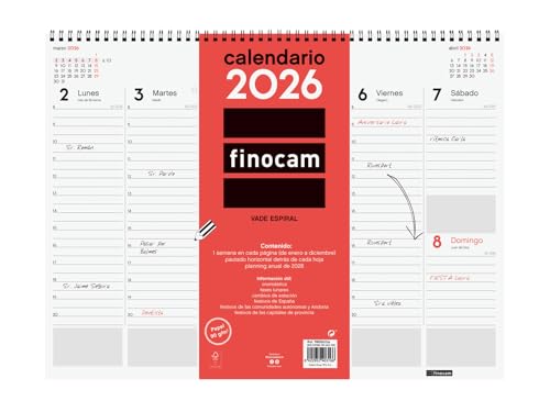 Finocam - Vade Espiral Semana Vista 2026 Semana Vista Vertical Enero 2026 - Diciembre 2026 (12 meses) Neutro Español