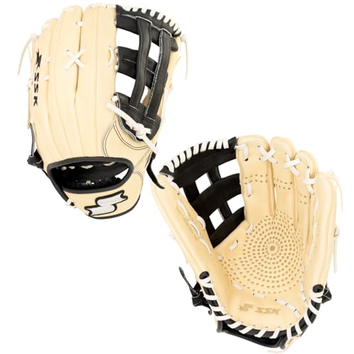 SSK ZSLOW DIMPLE Slowpitch Softball Glove Game Ready 12.5 - 13 - 13.5 - 14 Right & Hand Left Hand Throw (Camel/Black/White 12.5 - Left Hand Throw)