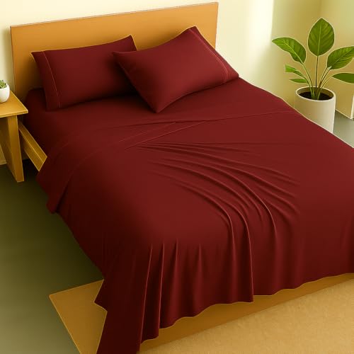 Image of Premium Cotton Bedsheets - King Size 102x108 Inches, Burgundy | Lightweight, Super Soft & Wrinkle-Free | Includes 2 Pillow Covers