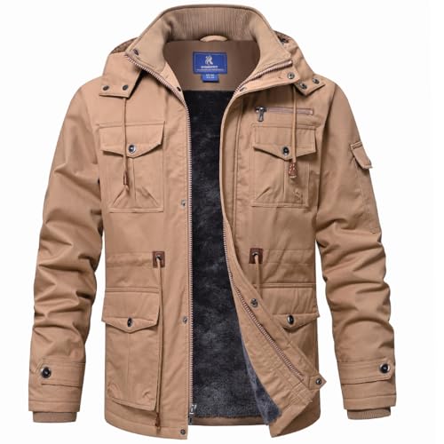 SPOSULEI Winter Jackets for Men Cotton Work Fleece lined warm Army Jacket Heavy Winter Military Coat with Multi-Pockets Khaki L