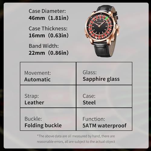 1.8" Roulette Wheel Automatic Watch for Men NH35A Movement Design Button Control Sapphire Glass Automatic 50M Water Resistant Mens Unique American Style Roulette Gaming Mechanical Watch, 6629-BLACK
