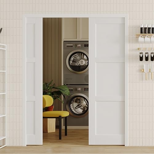 Image of Sliding Pocket Door, 64 inch(2 x 32) x 80 inch, 3-Panel Core with Frame and Hardware Kit Set, Interior Doors for Pocket Door, White Primed - No Panel Assembly Required