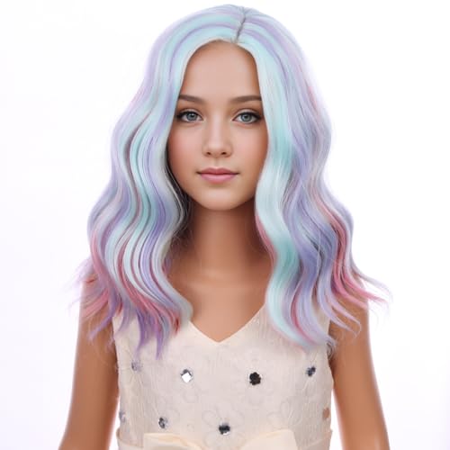Image of PATTNIUM Kids Rainbow Wig Child Short Wavy Wig Multicolor Colorful Wigs for Girls Synthetic Wigs