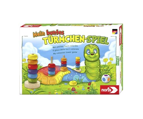 Noris 606011235 Mein buntes Türmchen-Spiel – Farblernspiel mit großer Raupe und Stapelsteinen, Holzspielzeug, 2 – 4 Spieler, für Kinder ab 3 Jahren