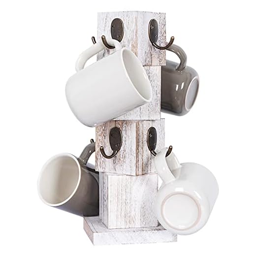 bluegift Coffee Mug Holder Tree, Rustic Solid Wood Mug Tree Stand with 8 Hooks, Farmhouse Coffee Cup Holder for Counter, Mug Hanger for Kitchen Organizer, Farmhouse White