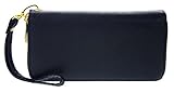PROYA Women's Double Zip Around PVC Leather Wristlet Clutch Organizer Wallet, BLACK
