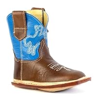 ROPER Infants Western Boots, Brown and Blue Leather, Square Toe, Horse Rider Design, Hook & Loop Closure, Ankle-High, Leather Sole