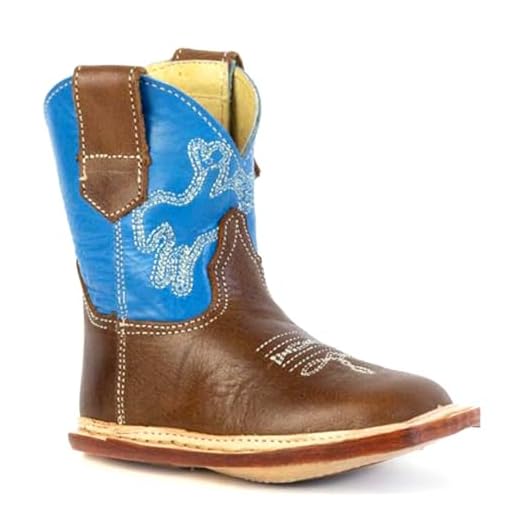 ROPER Infants Western Boots, Brown and Blue Leather, Square Toe, Horse Rider Design, Hook & Loop Closure, Ankle-High, Leather Sole, Infants Size 1