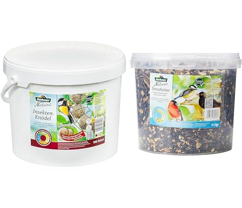 Dehner Natura Wildvogelfutter, Insekten-Knödel, ohne Netz, 100 Stück (10 kg) & Natura Wildvogelfutter, Streufutter im Eimer, 3 kg