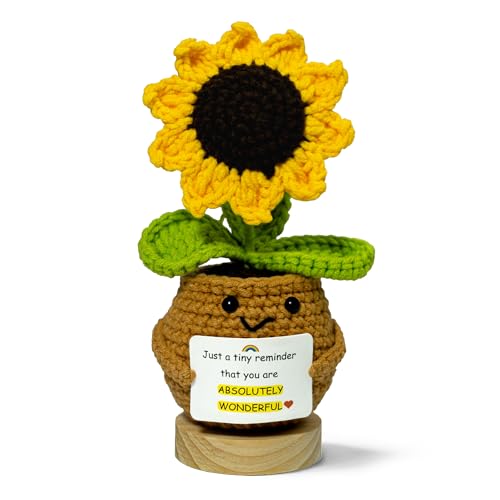 DUTHUDU Emotional Support Crochet Sunflower - Cute Positive Desk Decor & Positivity Buddy, Unique Teacher Appreciation Gifts for Women, Coworkers, Friends - Handmade Plant (S5)
