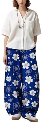 LOAIHA Women's Wide Leg Pants Blue Floral Print Loose Fit Fall Lounge Trousers High Waist Casual Boho Style Lightweight Baggy Palazzo Pants with Pockets for Travel and Everyday Comfort