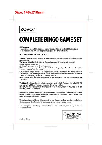 Kovot Complete Bingo Set | Includes Metal Cage, (75) Numbered Balls, Master Board, (50) Bingo Cards, (400) Color Chips + Bonus Travel Calling Cards