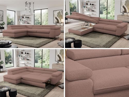 MKS MEBLE Sofa L, Wohnlandschaft L-Form mit Schlaffunktion und Bettkasten, Schlafsofa mit Bettkasten, Ecksofa, Sofa mit Einstellbare Kopfstützen, Pedro L - Rosa Boucle - Links