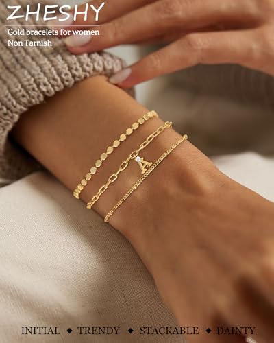 ZHESHY Gold Initial Bracelets for Women Dainty Letter J Charm Bracelets Non Tarnish 14K Gold Plated Stackable Layered Paperclip Link Chain Bracelets Stack Set Personalized Gifts Womens Jewelry - image 2